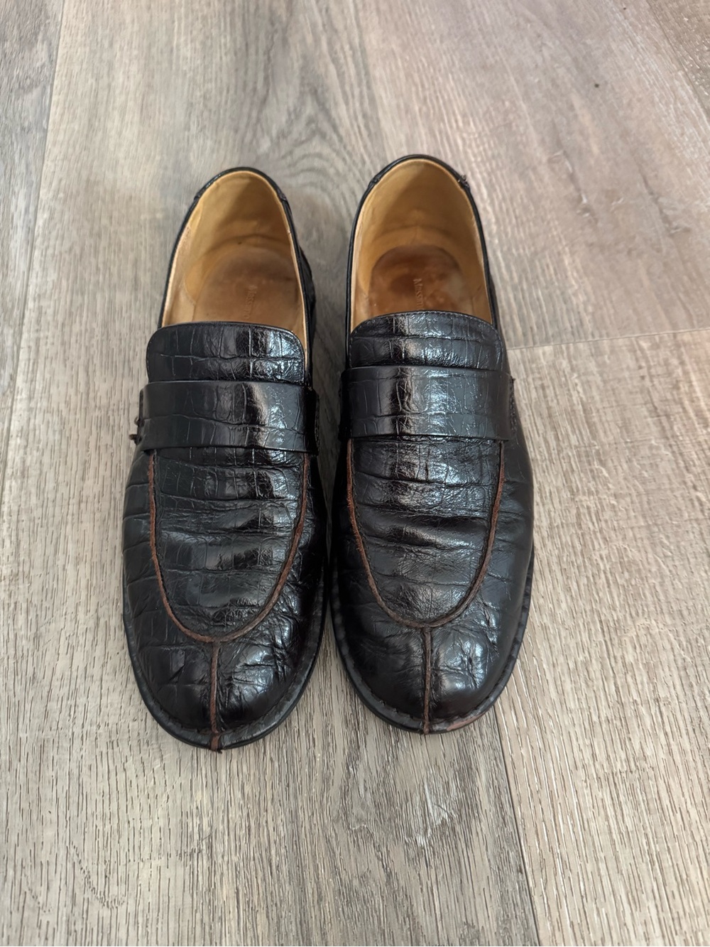 Massimo Dutti Dark Brown Croc-Embossed Leather Penny Loafers